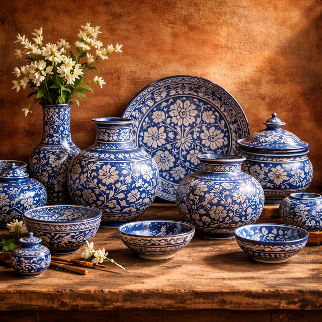 Handcrafted Indian blue pottery collection